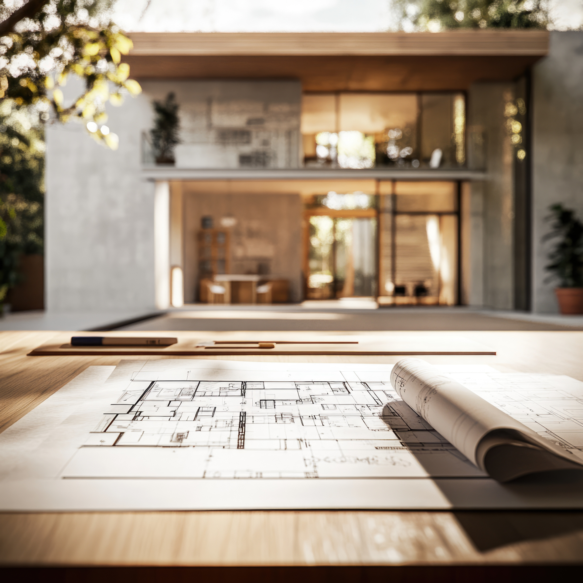 Projeto arquitetônico sobre mesa com residência contemporânea ao fundo