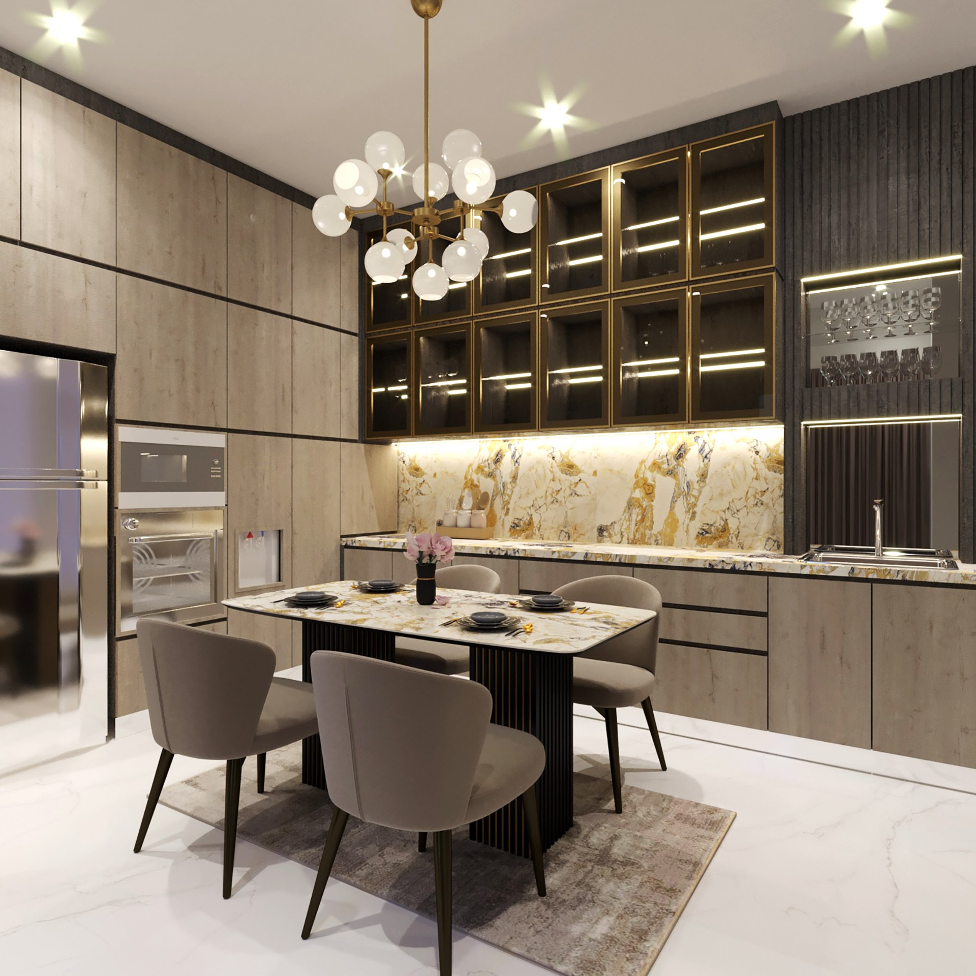 Cozinha planejada de alto padrão com marcenaria e iluminação decorativa